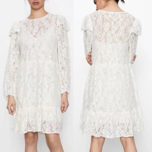 Zara Lace Long Sleeve Dress Cream Sz Medium